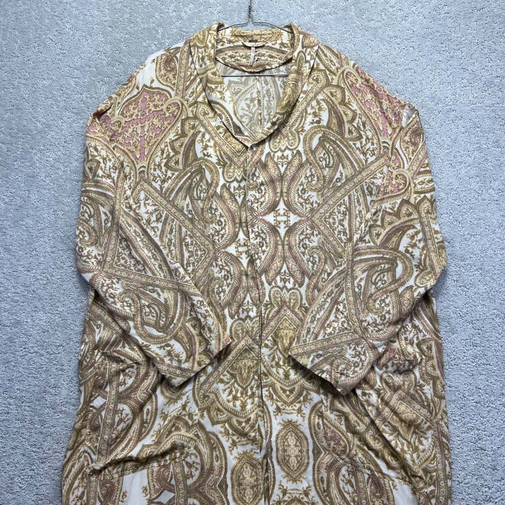 Free People Half Moon Duster Womens M Ivory Rayon Paisley Cardigan Open Front